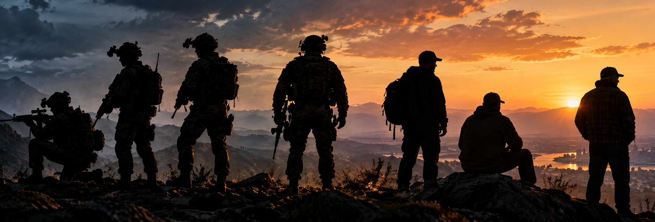 Silhouettes of Special Forces operators transitioning to civilian veterans against a mountain sunset